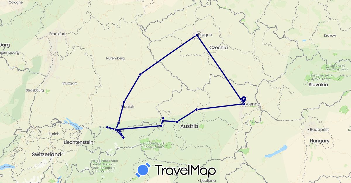 TravelMap itinerary: driving in Austria, Czech Republic, Germany (Europe)